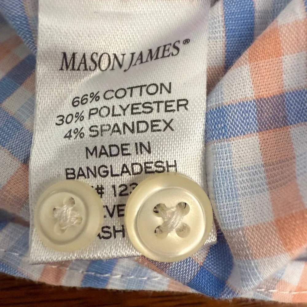 Mason James Mens XXL Plaid Button Down Long Sleeve Stretch‎ Shirt Orange Blue